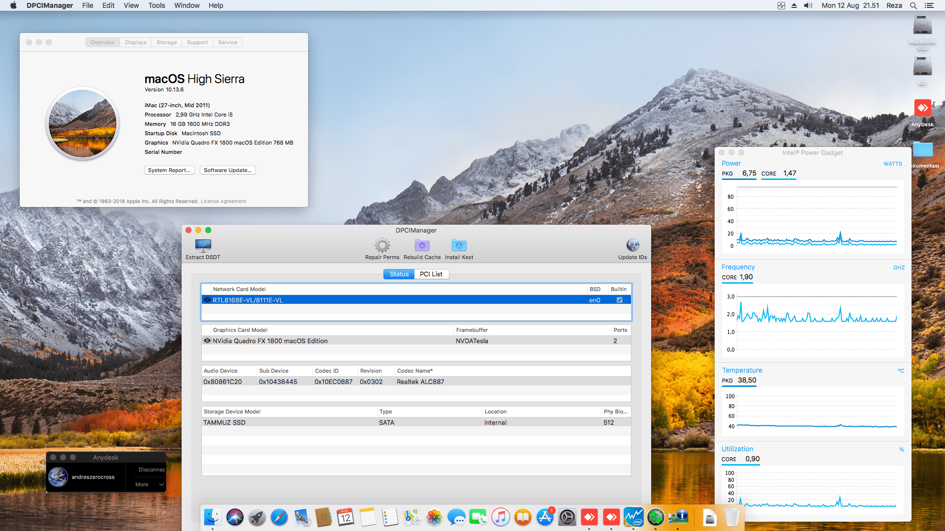 Success Hackintosh macOS High Sierra 10.13.6 Build 17G66 at Asus P8H61-M LX + Intel Core i5 2320 + Quadro FX 1800